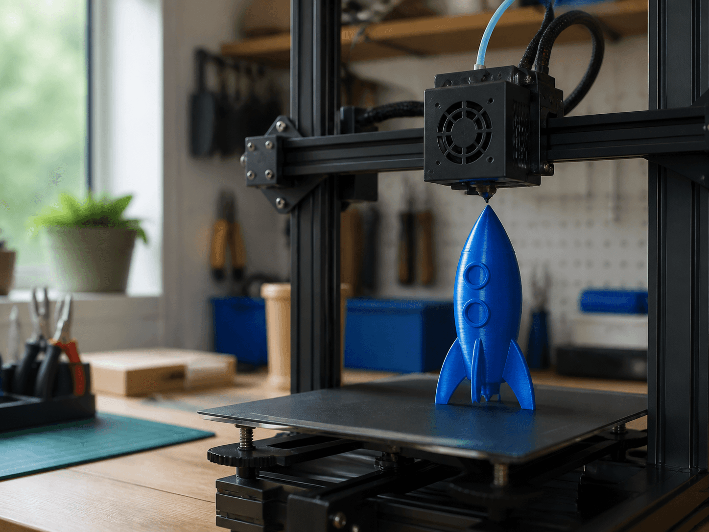 A blue rocket prototype in a desktop 3D printer