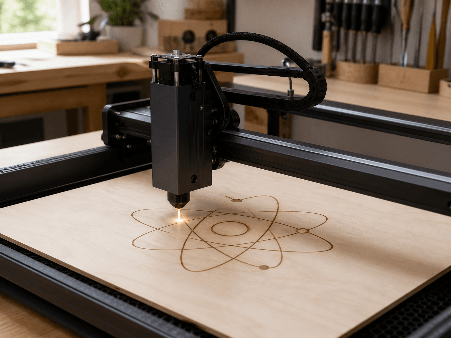 A laser cutter engraving an atom motif in plywood