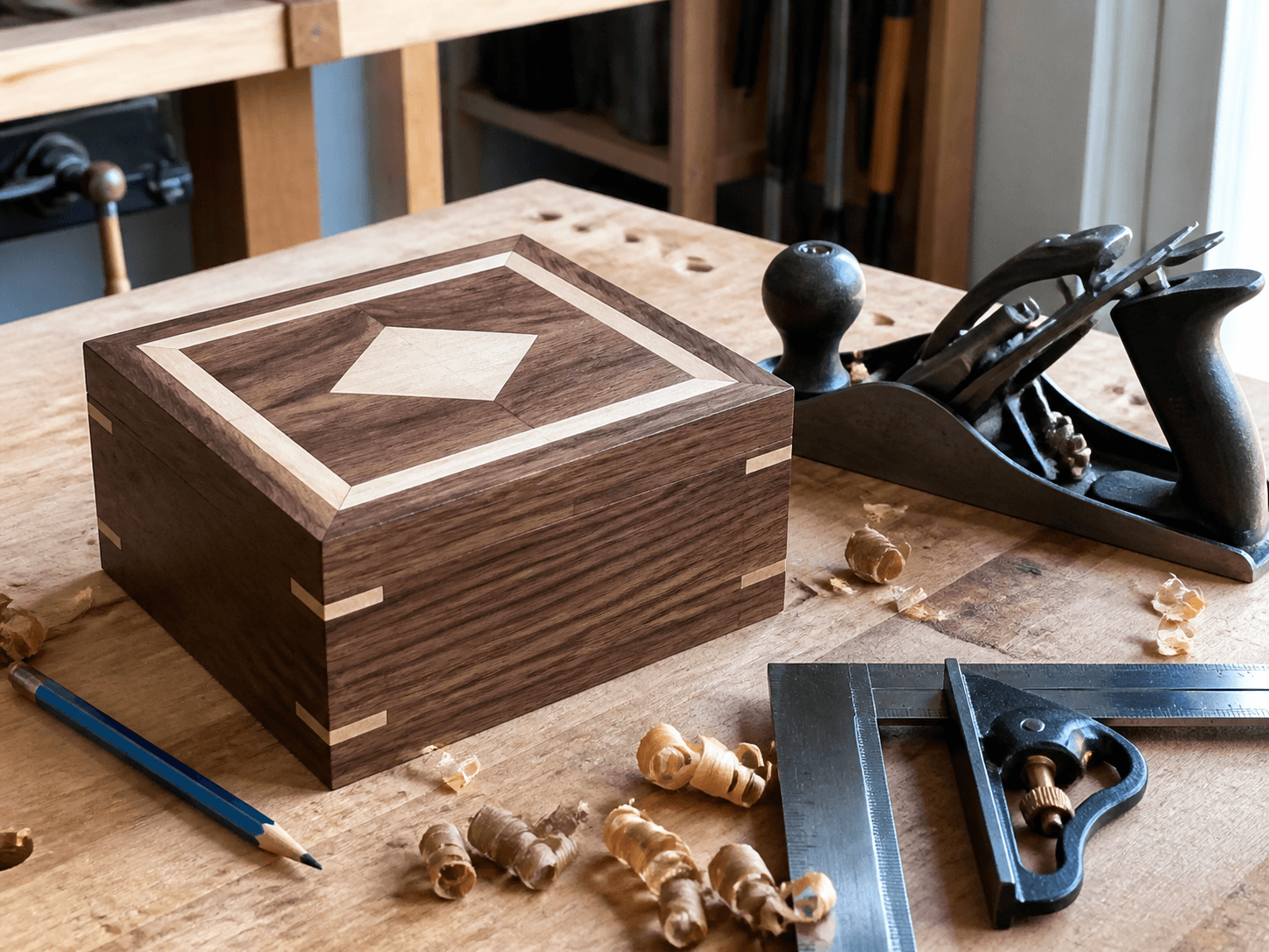 A walnut prototype box and woodworking tools